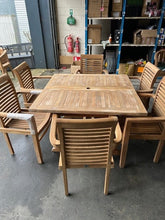 Load image into Gallery viewer, Teak Square To Rectangle 120-170cm Table 4cm Top 6 Stackable chairs (SECONDS)