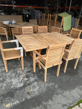 Load image into Gallery viewer, Teak Square To Rectangle 120-170cm Table 4cm Top 6 Stackable chairs (SECONDS)