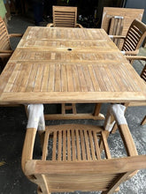 Load image into Gallery viewer, Teak Square To Rectangle 120-170cm Table 4cm Top 6 Stackable chairs (SECONDS)