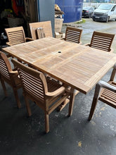 Load image into Gallery viewer, Teak Square To Rectangle 120-170cm Table 4cm Top 6 Stackable chairs (SECONDS)