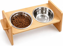 Load image into Gallery viewer, Elevated Cat/Dog Bowls Adjustable Height Bamboo Pet Feeder 2 Stainless Steel