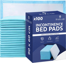 Load image into Gallery viewer, 100 x Bazaar Incontinence Bed Pads Disposable 90 x 60cm – Highly Absorbent CE Certified Leak-Proof Incontinence Bed Sheets for Bed, Sofa & Chairs | Bed Pads for Incontinence Adults, Children & Babies.
