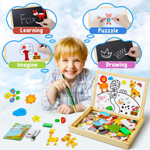 Load image into Gallery viewer, COOLJOY 3 4 5 6 7 8Year Old Boys Girls Gifts 100+ PCS Wooden Magnetic Puzzle, Cute Pets Pattern Games Double Sided Jigsaw, Educational Drawing Easel Blackboard Wood Toys Imagination