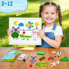 Load image into Gallery viewer, COOLJOY 3 4 5 6 7 8Year Old Boys Girls Gifts 100+ PCS Wooden Magnetic Puzzle, Cute Pets Pattern Games Double Sided Jigsaw, Educational Drawing Easel Blackboard Wood Toys Imagination