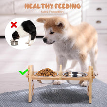 Load image into Gallery viewer, Raised Dog Cat Rabbit Bowl with Stand, Elevated 6-Level 6~15 cm Adjustable Height, Bamboo Pet Feeding Station with 304 Stainless Steel Bowls for Dogs Cats Rabbits and Other Pets