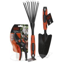Load image into Gallery viewer, Black and Decker gardening tools anvil pruner and trowel and fan rake