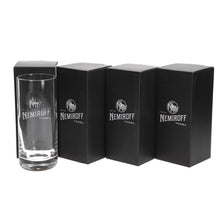 Load image into Gallery viewer, 4 x Nemiroff Vodka Clear Glass Black Branded Logo Brand New & Boxed. BAR. PARTY