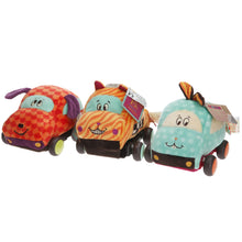 Load image into Gallery viewer, B.Toys Plush Pull Cars squeaky motion soft pack of 3 age 12 months up SET OF 3