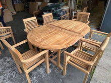 Load image into Gallery viewer, Teak Oval Extending Table 180cm to 240cm and 6 Oxford stacking chairs ( Seconds)