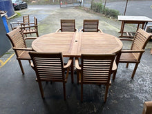 Load image into Gallery viewer, Teak Oval Extending Table 180cm to 240cm and 6 Oxford stacking chairs ( Seconds)