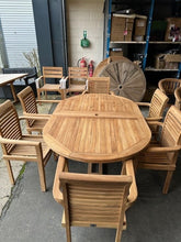 Load image into Gallery viewer, Teak Oval Extending Table 180cm to 240cm and 6 Oxford stacking chairs ( Seconds)