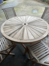 Load image into Gallery viewer, 120cm Sunshine Round Teak Folding Table &4 Hampton chairs Seconds needs sanding