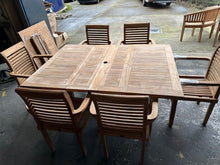 Load image into Gallery viewer, Teak Square To Rectangle 120-170cm Table 4cm Top 6 Stackable chairs (SECONDS)
