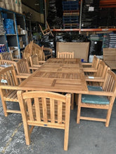 Load image into Gallery viewer, Teak Garden 180-240cm Rectangle Extending Table 4cm + 8 Warwick chairs (SECONDS)
