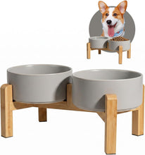 Load image into Gallery viewer, Elevated Dog Bowls Set Raised Dog Bowls with Wooden Stand Ceramic GREY
