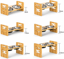 Load image into Gallery viewer, Elevated Cat/Dog Bowls Adjustable Height Bamboo Pet Feeder  2 Stainless Steel
