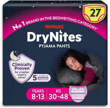Load image into Gallery viewer, Huggies DryNites, Girls’ Teen Pyjama Pants - Sizes 8-15 Years (27 Pants) - Discrete Night Time Nappies with Exciting Designs - Maximum Protection for Teen Bed Wetting
