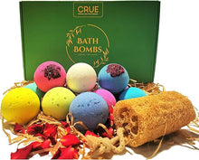 Load image into Gallery viewer, Crue Bath Bombs &amp; Natural Loofah Gift Set, 12 Handmade Organic Bubble Bath Bombs
