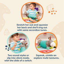 Load image into Gallery viewer, B. toys – B. Snugglies Squeezy Zeeby – Musical Accordion Zebra Plush – Sensory
