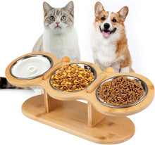 Load image into Gallery viewer, Cat Feeding Station Stainless Steel Elevated Cat Bowls with 15° Tilted Wood Stan
