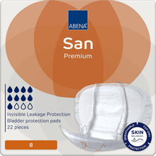 Load image into Gallery viewer, ABENA San Premium Mens &amp; Womens Incontinence Pads, Breathable &amp; Comfortable, Fast Absorption, Discreet &amp; Effective Shaped - Premium 8, 2500ml Absorbency, 22PK
