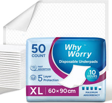 Load image into Gallery viewer, WhyWorry Disposable Incontinence Bed Pads for Adults, 60 x 90 cm, 50 Count Waterproof Incontinence Bed Sheets, Bed Wetting Mats, Under pads, Absorbent Pee Pads, Mattress Protectors, Odour Control
