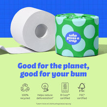 Load image into Gallery viewer, Who Gives A Crap – 100% Recycled Paper, 3 Ply, 270 Sheets per Roll, Box of 12 – Soft, Strong Toilet Tissue for Bathroom Use
