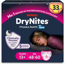 Load image into Gallery viewer, HUGGIES DryNites, Pyjama Pants, Girls 13+ Years (48-60KG), 33 x Bedwetting Pants, Up to 100% Leak Free Nights
