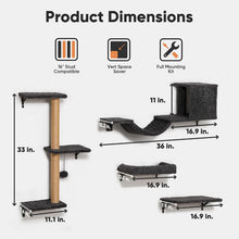 Load image into Gallery viewer, FUKUMARU Cat Shelves, 4 in 1 Large Cat Furniture Set, Wooden Climbing Wall with Scratching Post for 16 Inch Drywall - Grey
