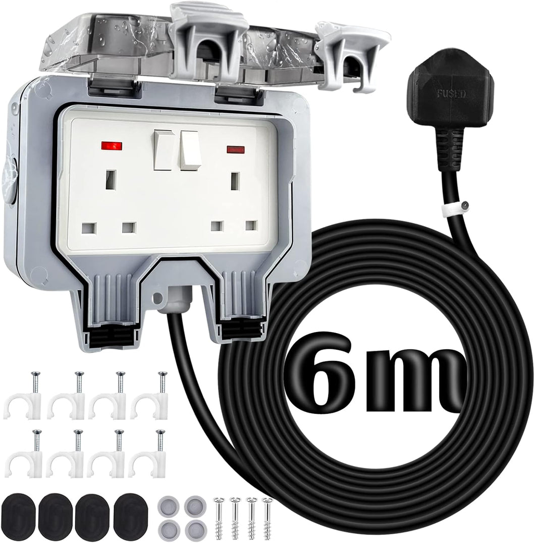 Outdoor Sockets Weatherproof with 6M/20FT Extension Cable, 2 Gang Extension Lead