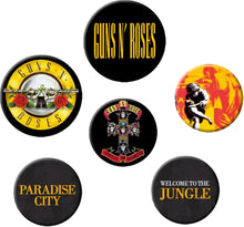 Load image into Gallery viewer, GB eye Guns N Roses Lyrics and Logos 6 Badge Pack COLLECTABLES
