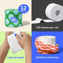 Load image into Gallery viewer, Who Gives A Crap – 100% Recycled Paper, 3 Ply, 270 Sheets per Roll, Box of 12 – Soft, Strong Toilet Tissue for Bathroom Use
