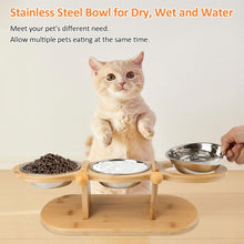 Load image into Gallery viewer, Cat Feeding Station Stainless Steel Elevated Cat Bowls with 15° Tilted Wood Stan
