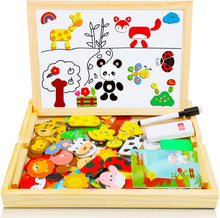 Load image into Gallery viewer, COOLJOY 3 4 5 6 7 8Year Old Boys Girls Gifts 100+ PCS Wooden Magnetic Puzzle, Cute Pets Pattern Games Double Sided Jigsaw, Educational Drawing Easel Blackboard Wood Toys Imagination
