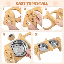 Load image into Gallery viewer, Raised Dog Cat Rabbit Bowl with Stand, Elevated 6-Level 6~15 cm Adjustable Height, Bamboo Pet Feeding Station with 304 Stainless Steel Bowls for Dogs Cats Rabbits and Other Pets
