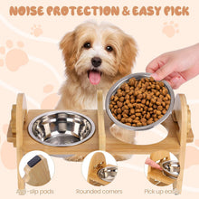 Load image into Gallery viewer, Raised Dog Cat Rabbit Bowl with Stand, Elevated 6-Level 6~15 cm Adjustable Height, Bamboo Pet Feeding Station with 304 Stainless Steel Bowls for Dogs Cats Rabbits and Other Pets
