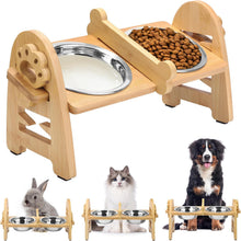 Load image into Gallery viewer, Raised Dog Cat Rabbit Bowl with Stand, Elevated 6-Level 6~15 cm Adjustable Height, Bamboo Pet Feeding Station with 304 Stainless Steel Bowls for Dogs Cats Rabbits and Other Pets
