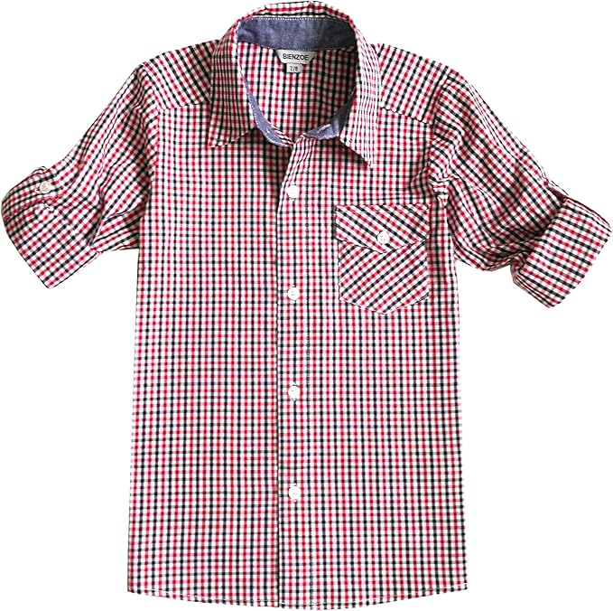 Bienzoe Boys Buttton Up Shirt: Kids Plaid Roll Up Collared Casual Cotton Shirts