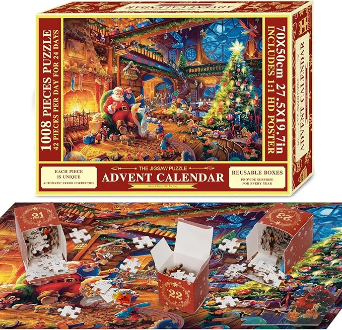 Advent Calendar Jigsaw Puzzle, 24 Christmas Puzzle Boxes, Family Holiday Jigsaw SANTA