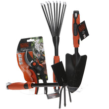 Load image into Gallery viewer, Black and Decker gardening tools anvil pruner and trowel and culti hoe and fan rake
