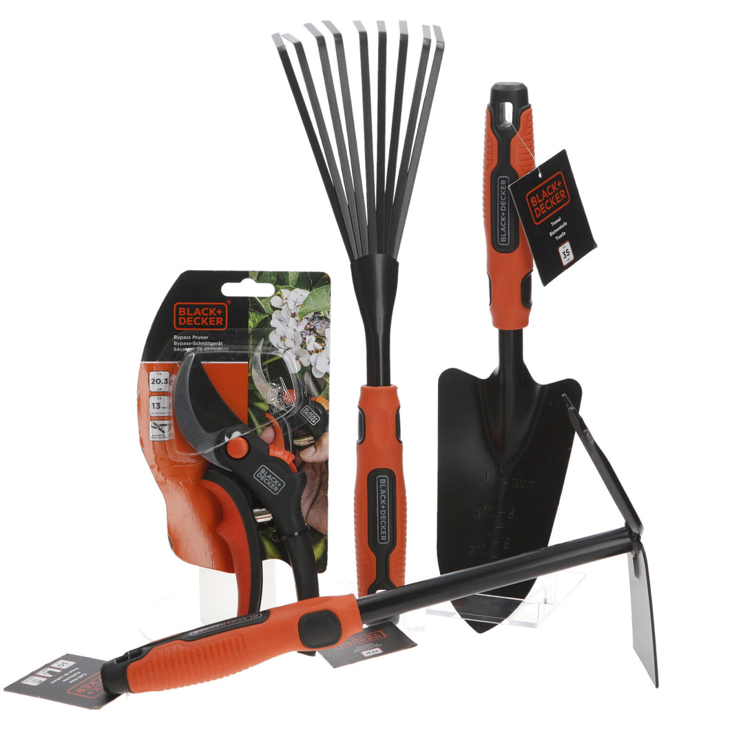 Black and Decker gardening tools anvil pruner and trowel and culti hoe and fan rake