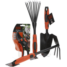Load image into Gallery viewer, Black and Decker gardening tools anvil pruner and trowel and culti hoe and fan rake
