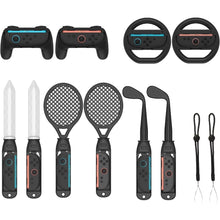 Load image into Gallery viewer, NBCP 18-in-1 Sports Accessories Kit with Tennis Rackets, Golf Clubs, Swords, Steering Wheels for Nintendo Switch 2, Black
