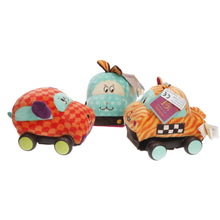 Load image into Gallery viewer, B.Toys Plush Pull Cars squeaky motion soft pack of 3 age 12 months up SET OF 3
