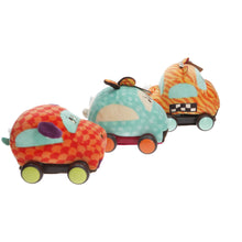 Load image into Gallery viewer, B.Toys Plush Pull Cars squeaky motion soft pack of 3 age 12 months up SET OF 3
