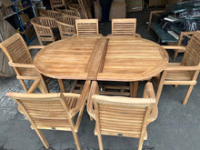 Load image into Gallery viewer, Teak Oval Extending Table 180cm to 240cm and 6 Oxford stacking chairs ( Seconds)
