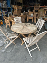 Load image into Gallery viewer, 120cm Sunshine Round Teak Folding Table &amp;4 Hampton chairs Seconds needs sanding
