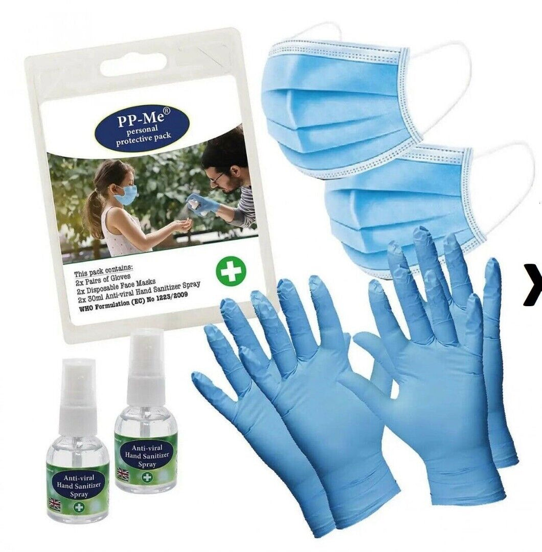 4 x Sets of PP-Me Personal Protective Pack PPE  Gloves, Sanitizer Spray, Masks