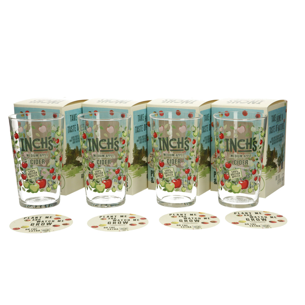 4 x Inches Cider Pint Glasses Includes a plant me coaster. Party time Bar. New
