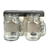 Load image into Gallery viewer, 2 x Brand New 'BOXED KRAKEN BLACK SPICED RUM MASON JAR GLASSES - PUB BAR PARTY.
